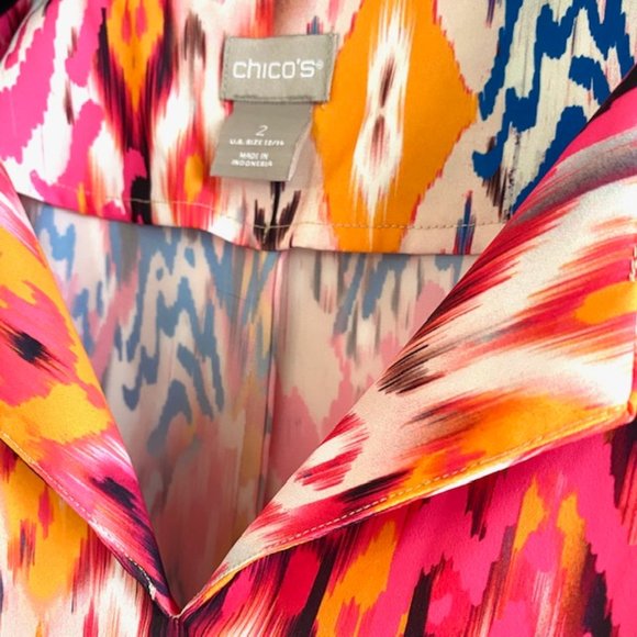 CHICO'S Multicolor Ikat Print Split-Neckline Dolman Short Sleeve Blouse - Picture 5 of 6